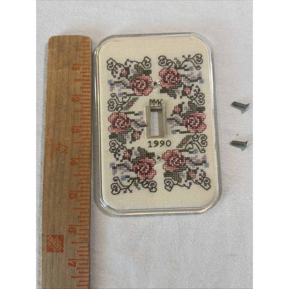 Vtg Finished Cross Stitch Single Toggle Light Switch Cover Floral Completed 1990